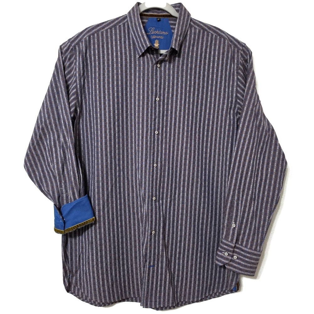 Luchiano Visconti Shirt Mens XL Gray Stripe Long Sleeve Button Cotton Modal